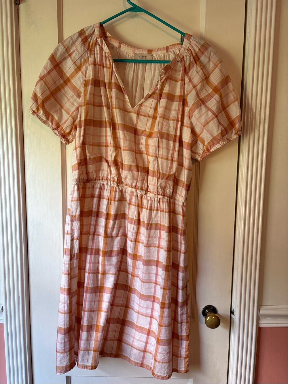 LOFT Cream, Pink & Orange Plaid Short Sleeve Mini Dress
